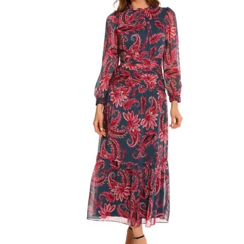 *SOLD* Maggy London Paisley Gathered Waist Maxi Dress 16 Slate cherry blossom